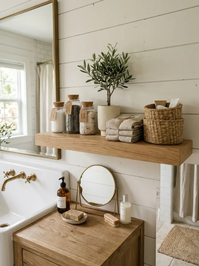 Minimal farmhouse shelf styling with glass jars, baskets, and natural decor accents.