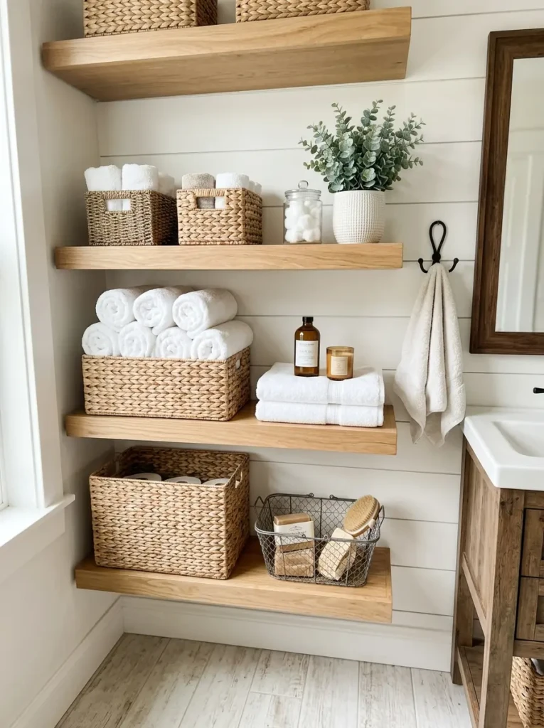 Cozy bathroom using woven baskets for beautiful and practical farmhouse storage.