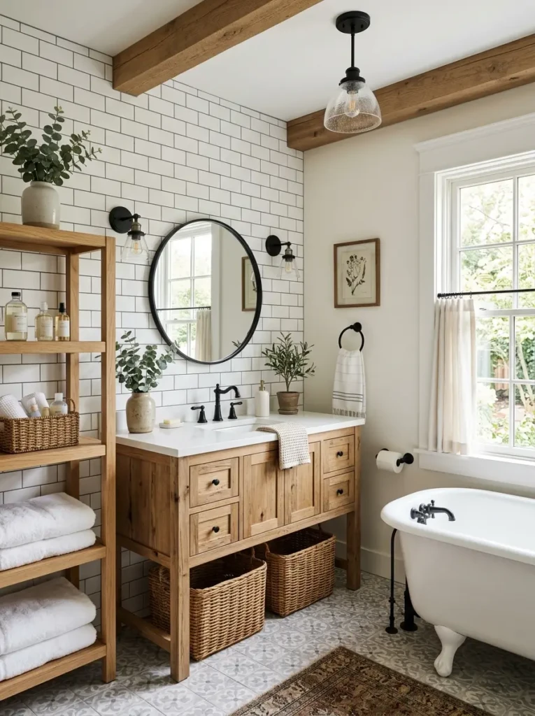 Farmhouse bathroom with white subway tile, oak accents, woven baskets, and matte black fixtures.