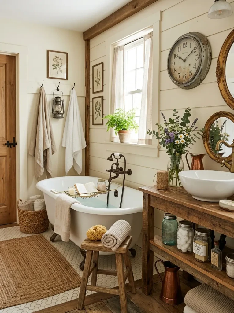 Farmhouse bathroom decorated with vintage accessories and timeless rustic charm.