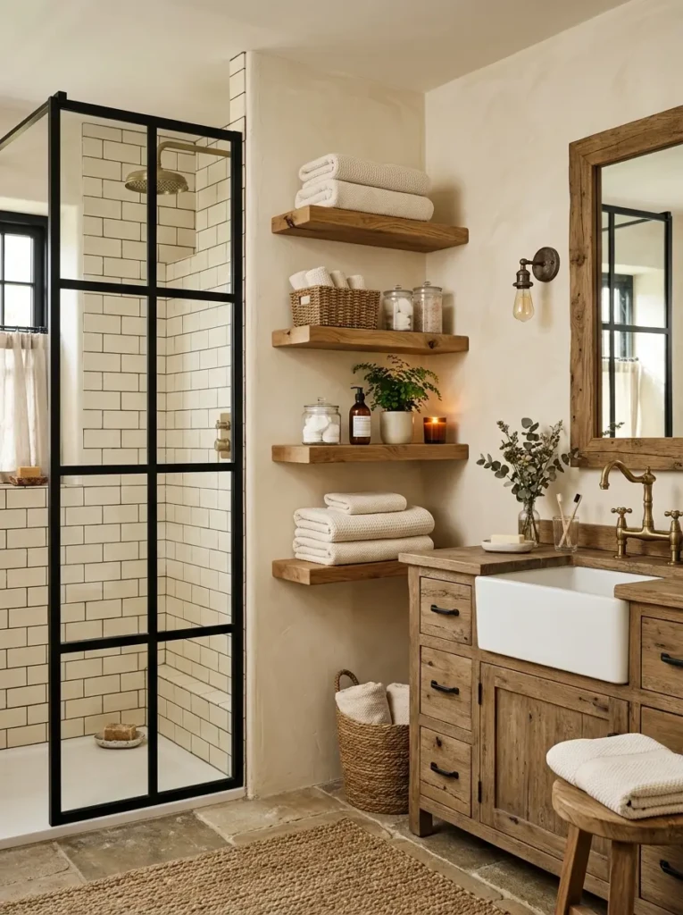 Farmhouse bathroom with black shower frame, floating shelves, and soft neutral decor.