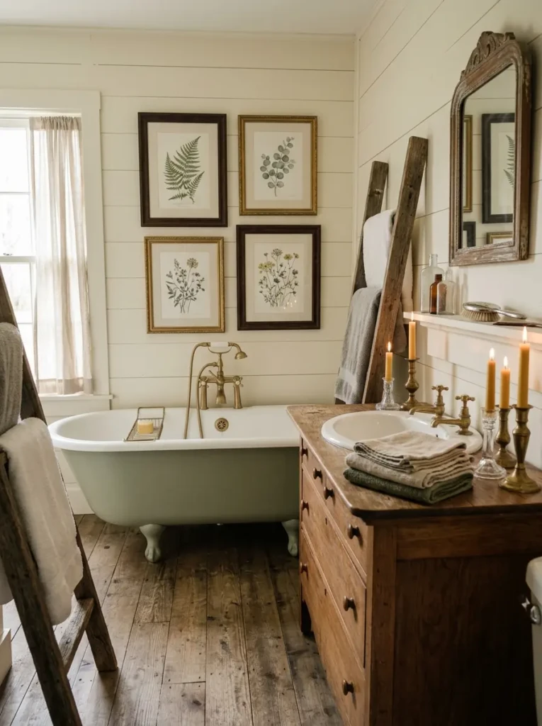 Cozy farmhouse bathroom showcasing handmade decor, candles, and vintage-inspired accents.