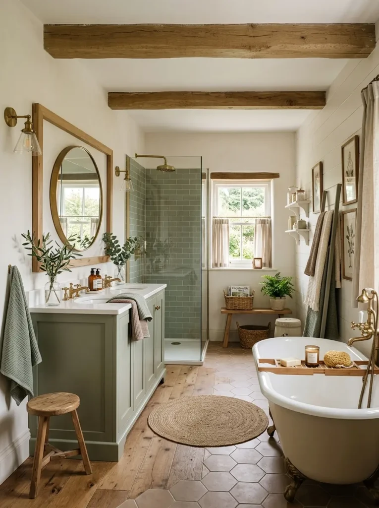 Elegant farmhouse bathroom styled with sage green, taupe, and warm neutral tones.