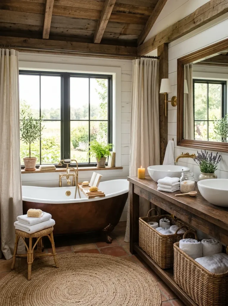 Rustic bathroom combining wicker baskets, cotton towels, and reclaimed wood details.