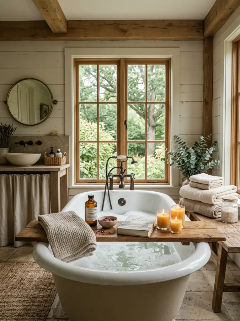 Relaxing farmhouse bathroom featuring bath tray, soft towels, and calming candlelight.