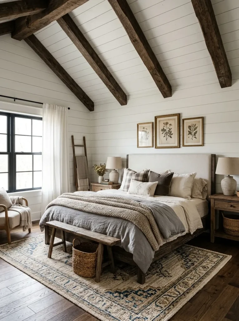 Cozy farmhouse bedroom with hidden wood beam ceiling details.