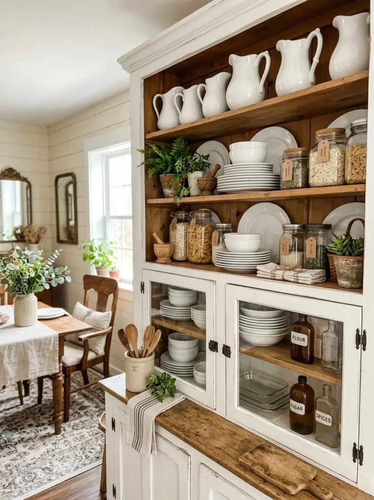 Farmhouse dining room cabinet filled with white dishware, greenery, and vintage decor.