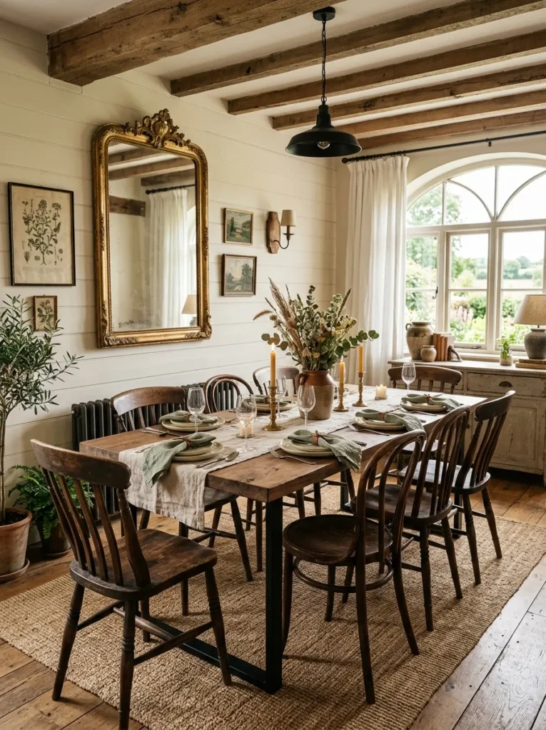 Dining room featuring a vintage mirror, rustic chairs, and contemporary farmhouse accents.