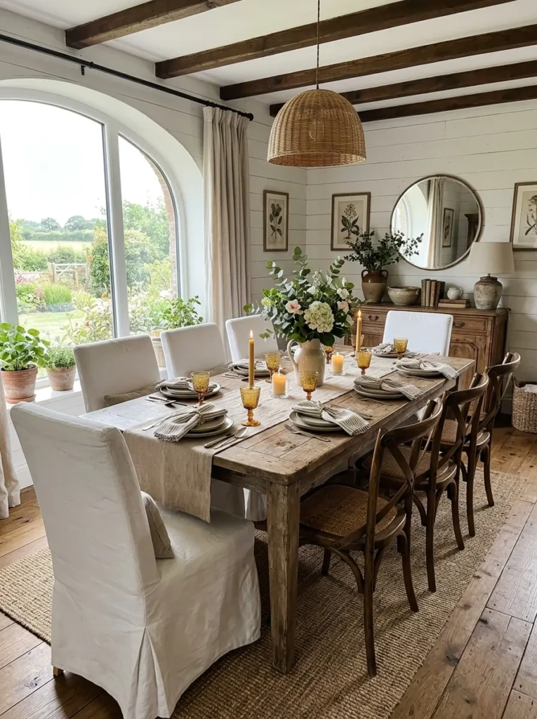 Elegant farmhouse dining space featuring cozy upholstered and cross-back seating.
