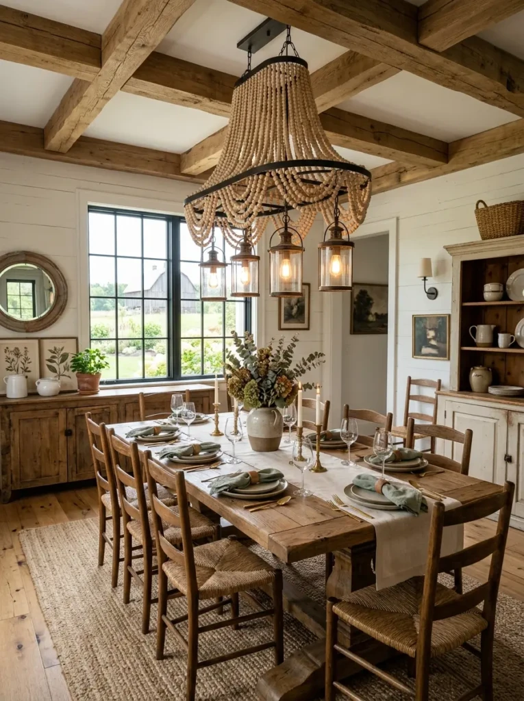 Charming farmhouse dining room featuring pendant lighting and natural wood textures.
