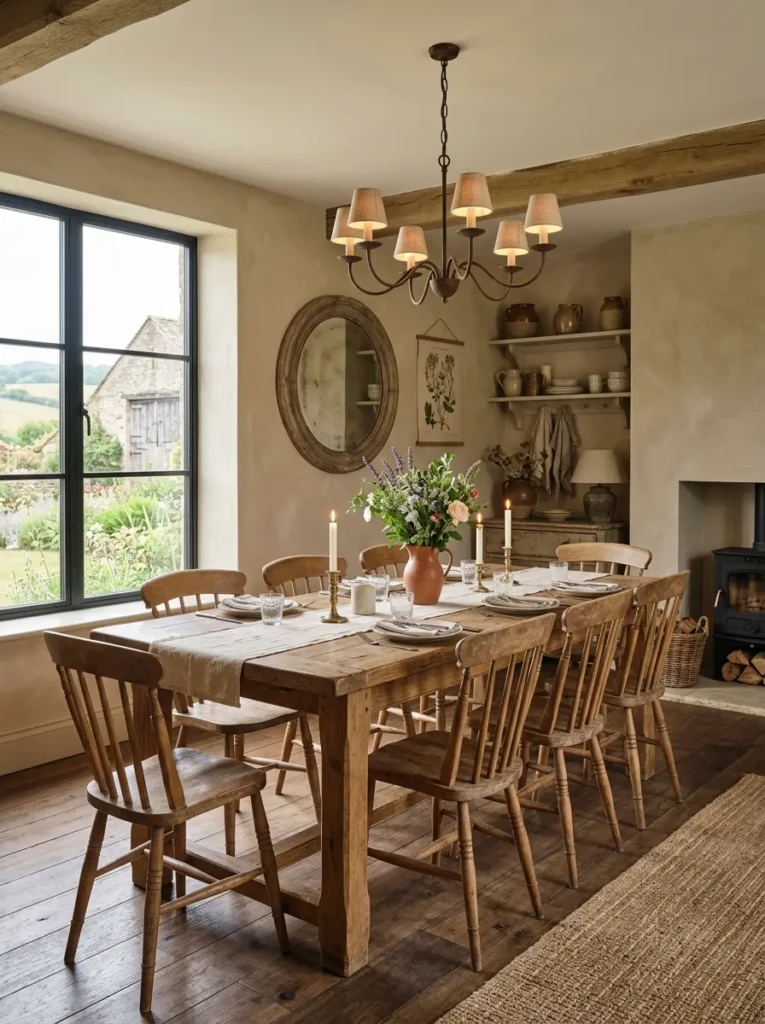 Farmhouse dining space with a distressed oak table, simple chairs, and warm neutral decor.