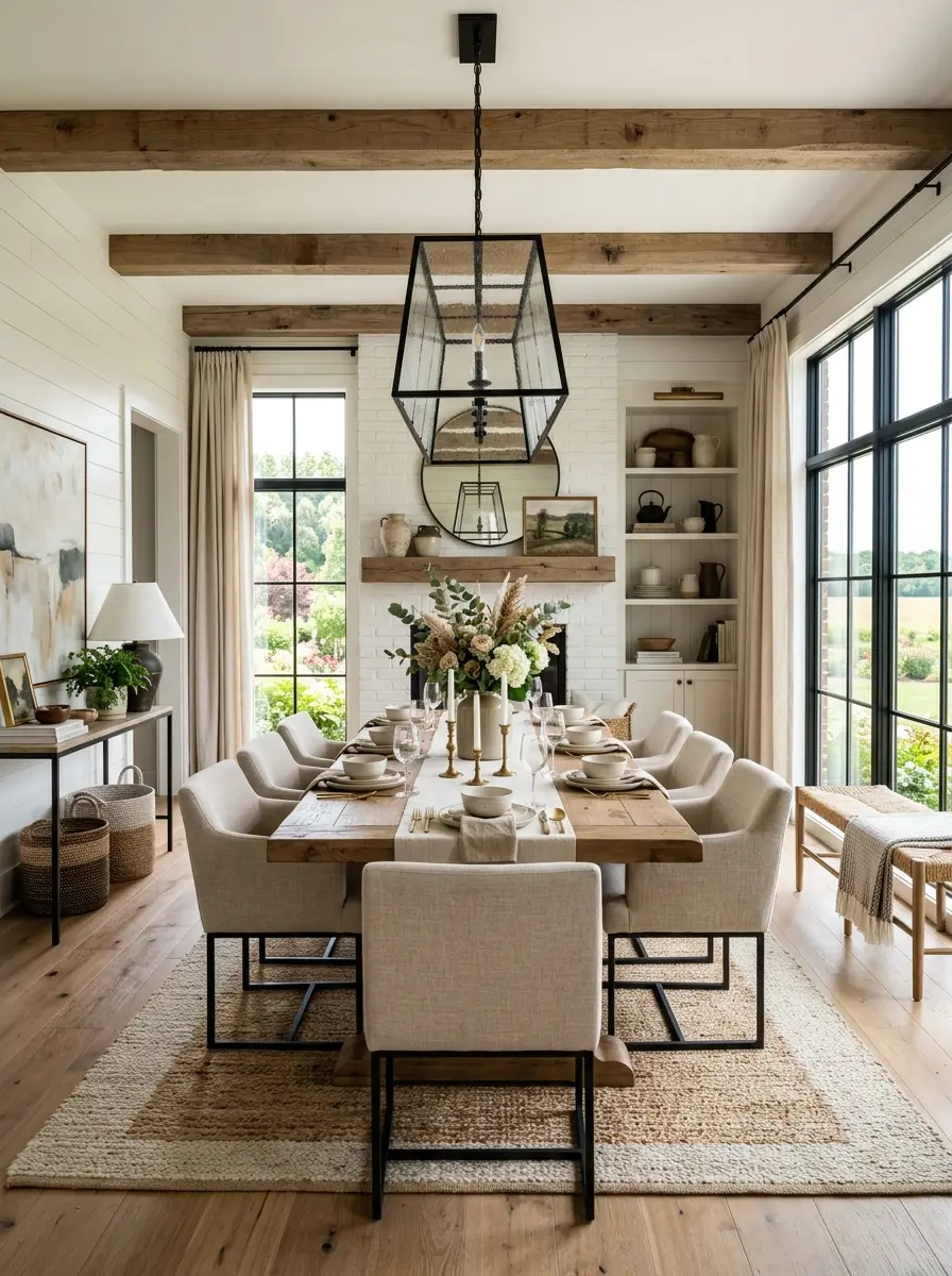 Bright farmhouse dining room with layered textures, neutral colors, and cozy luxury details.
