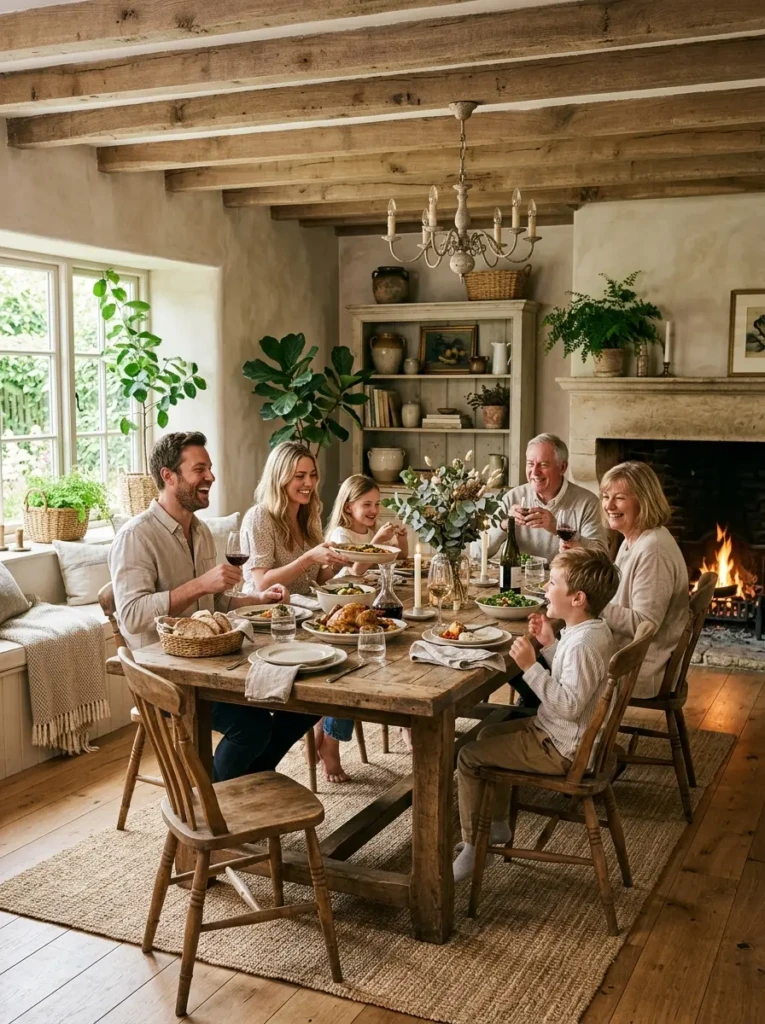 Inviting farmhouse dining space with neutral colors, natural materials, and welcoming ambiance.