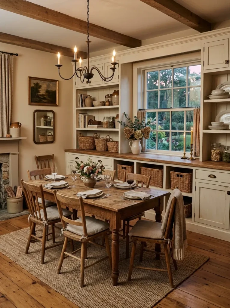 Cozy farmhouse dining room with painted built-ins, wood countertop, woven baskets, and rustic decor.