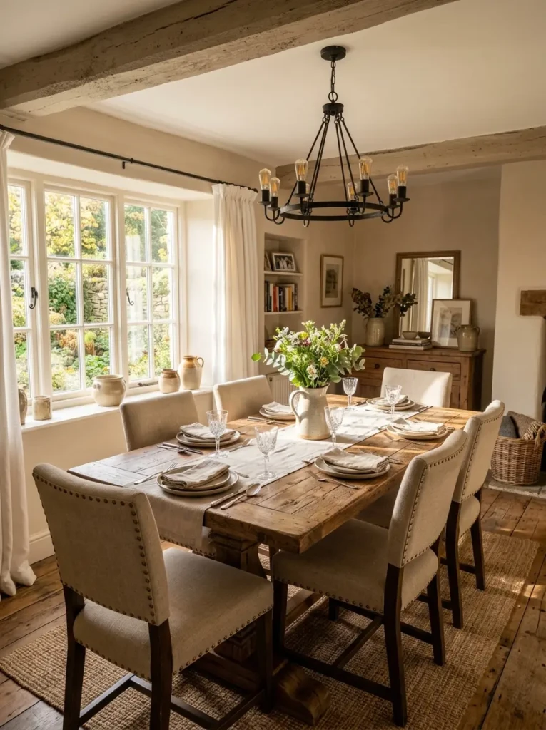 Farmhouse dining room featuring a reclaimed wood table, upholstered chairs, linen accents, and warm natural lighting.