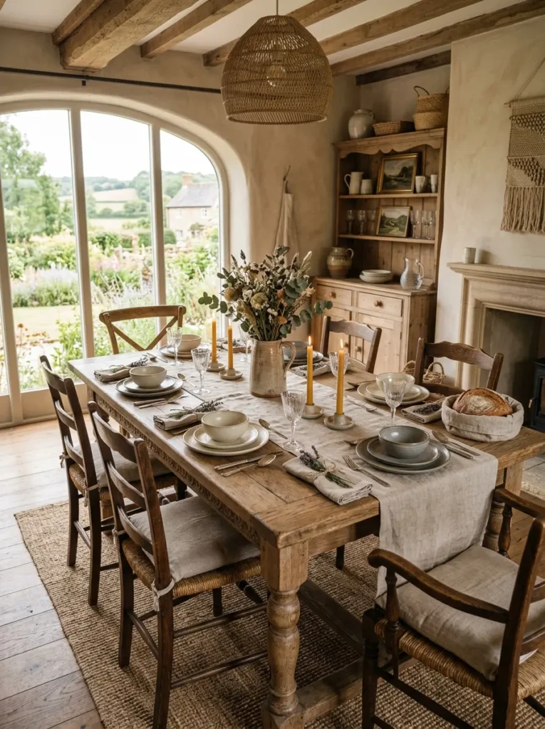 Rustic dining setup featuring linen runners, ceramic accents, and natural textures.