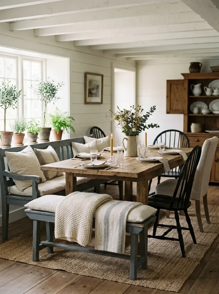 Distressed wood dining bench with linen cushions and cozy farmhouse decor.