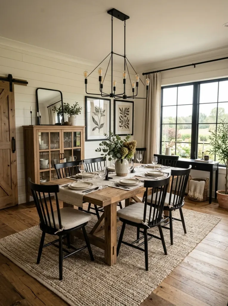 Elegant dining room with black lighting fixtures, framed artwork, and rustic decor.