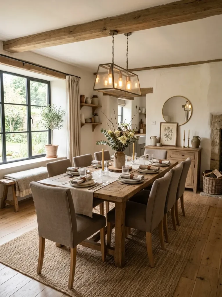 Elegant dining room featuring warm white tones, textured fabrics, and natural wood furniture.
