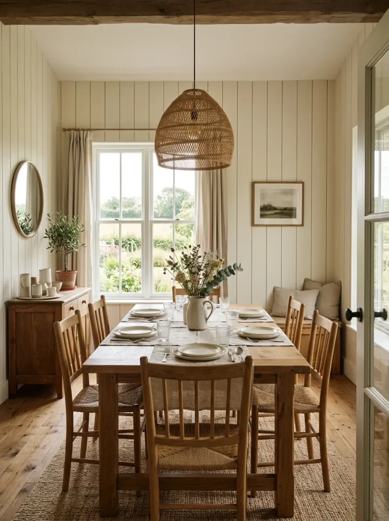 Warm farmhouse dining room featuring cream shiplap walls and natural wood details.