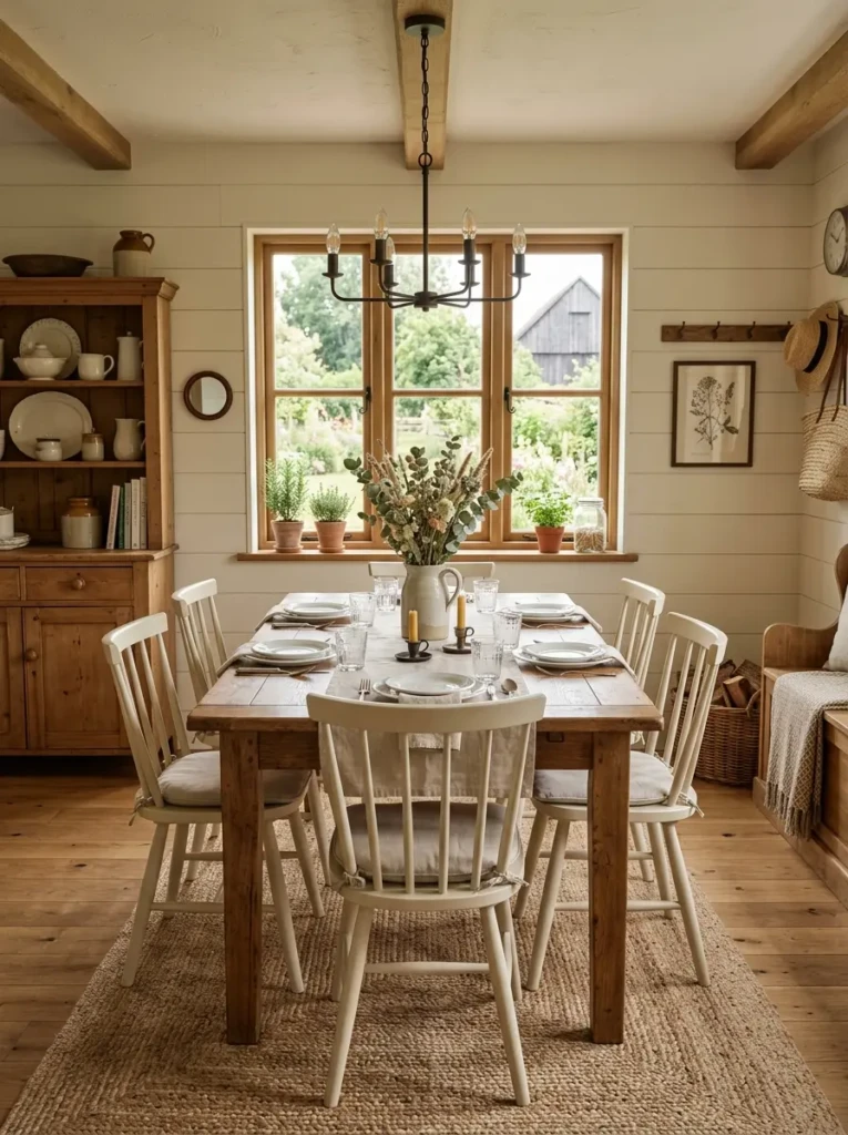 Functional farmhouse dining space with natural textures and carefully curated decor.
