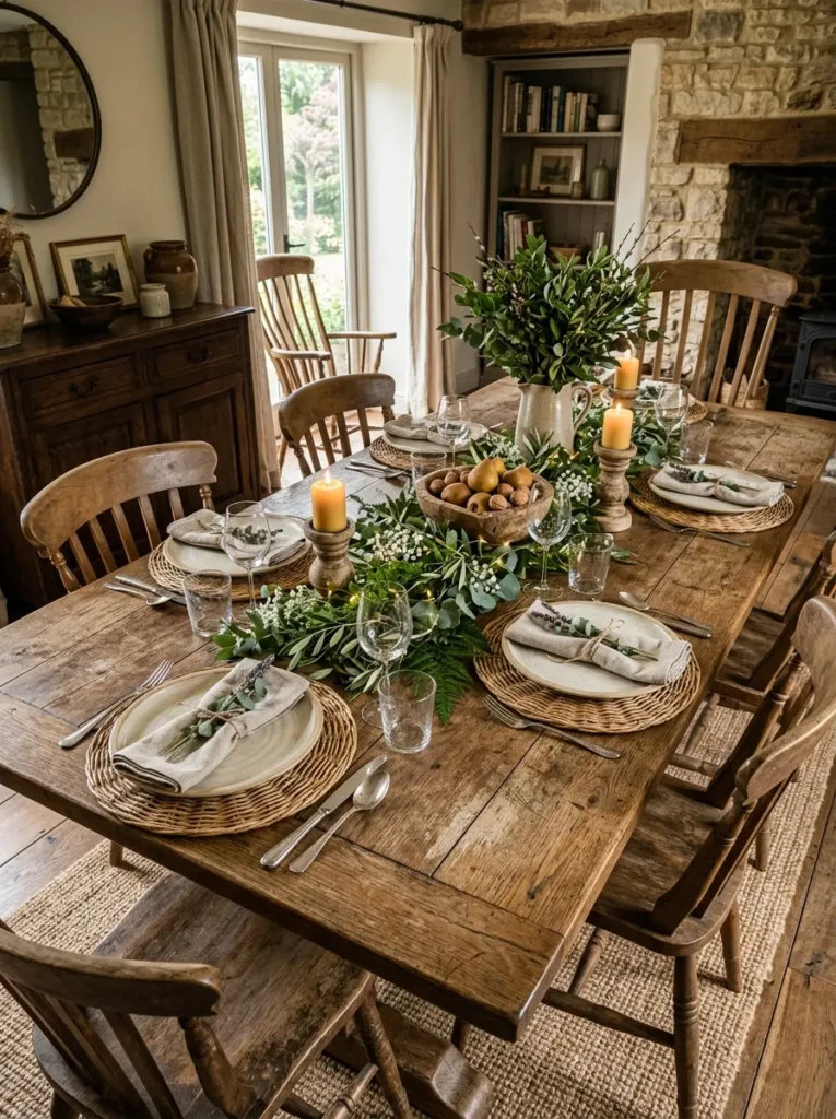 Wooden farmhouse dining table decorated with greenery and woven accents