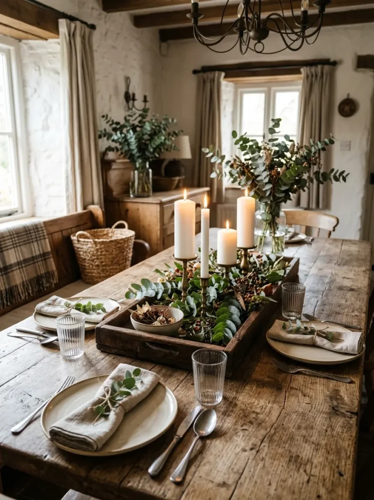 Wooden tray centerpiece with eucalyptus stems and candles on a farmhouse dining table.