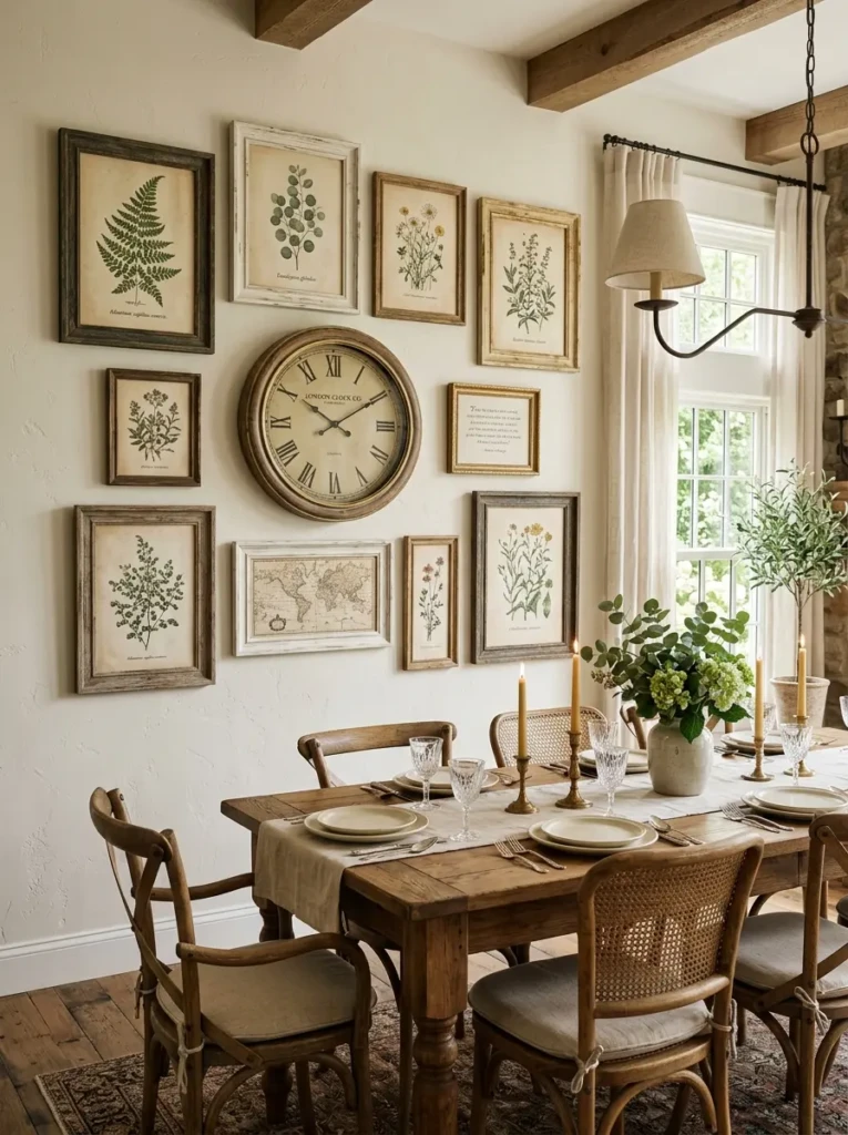 Botanical artwork, vintage clock, and rustic frames decorating a farmhouse dining room wall.