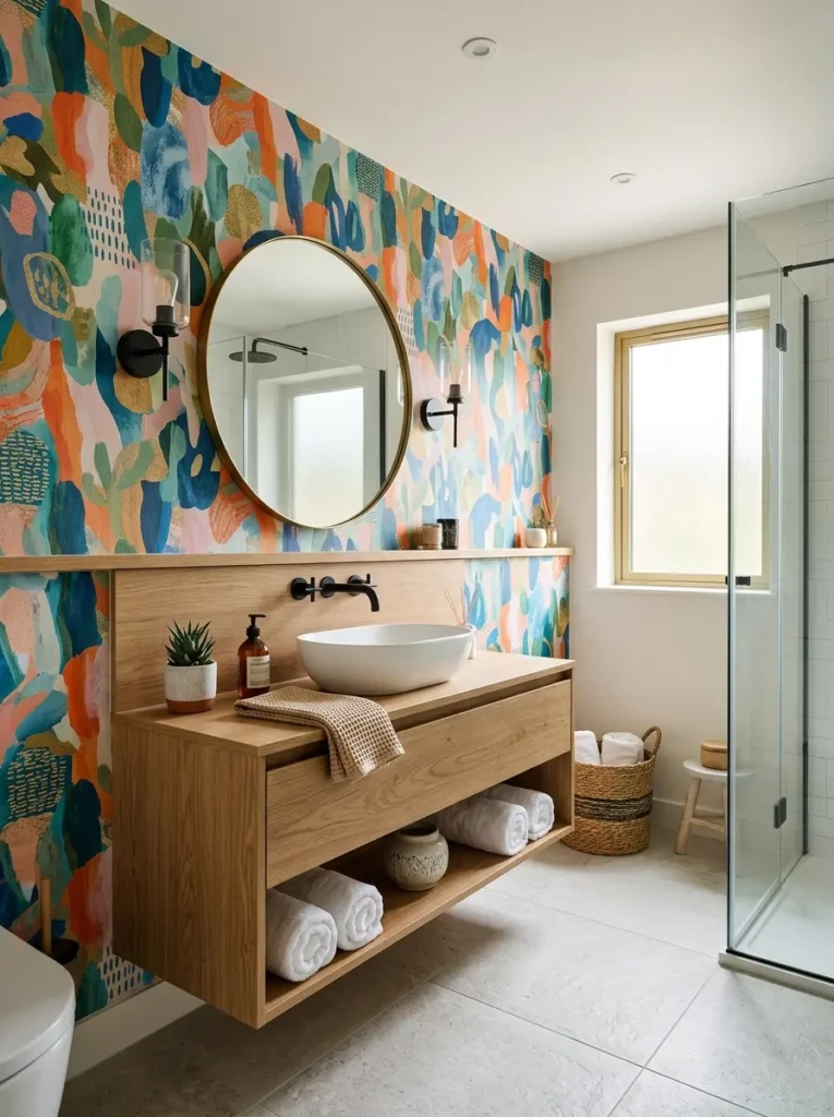 Colorful wallpaper creating a dramatic focal wall