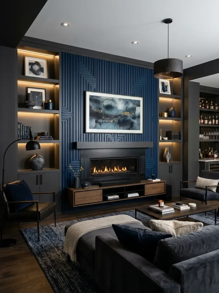 Modern basement with deep navy feature wall and elegant furnishings