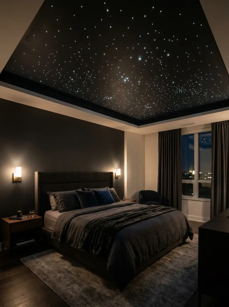 Contemporary bedroom featuring fiber optic lights embedded in a dark ceiling.