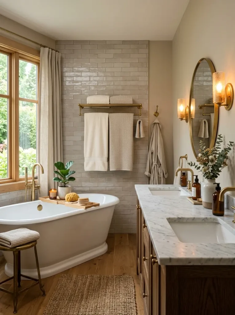Warm and inviting bathroom with an elegant towel rack, soft lighting, and luxurious textures.