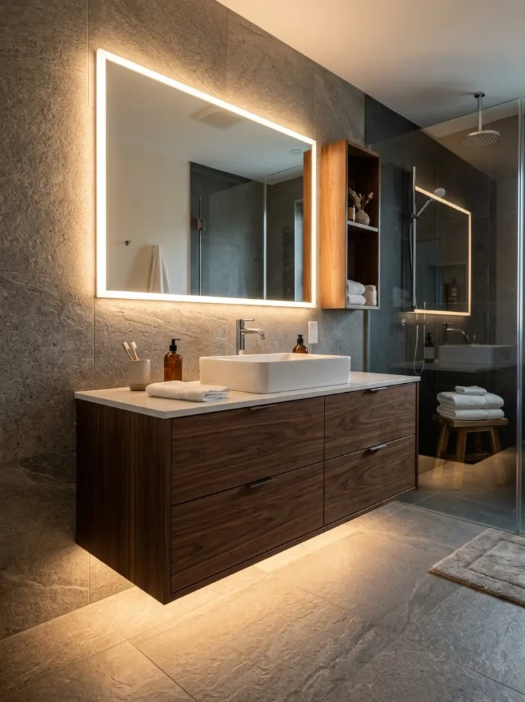 Modern floating bathroom vanity illuminated with soft LED lighting underneath for a cozy effect