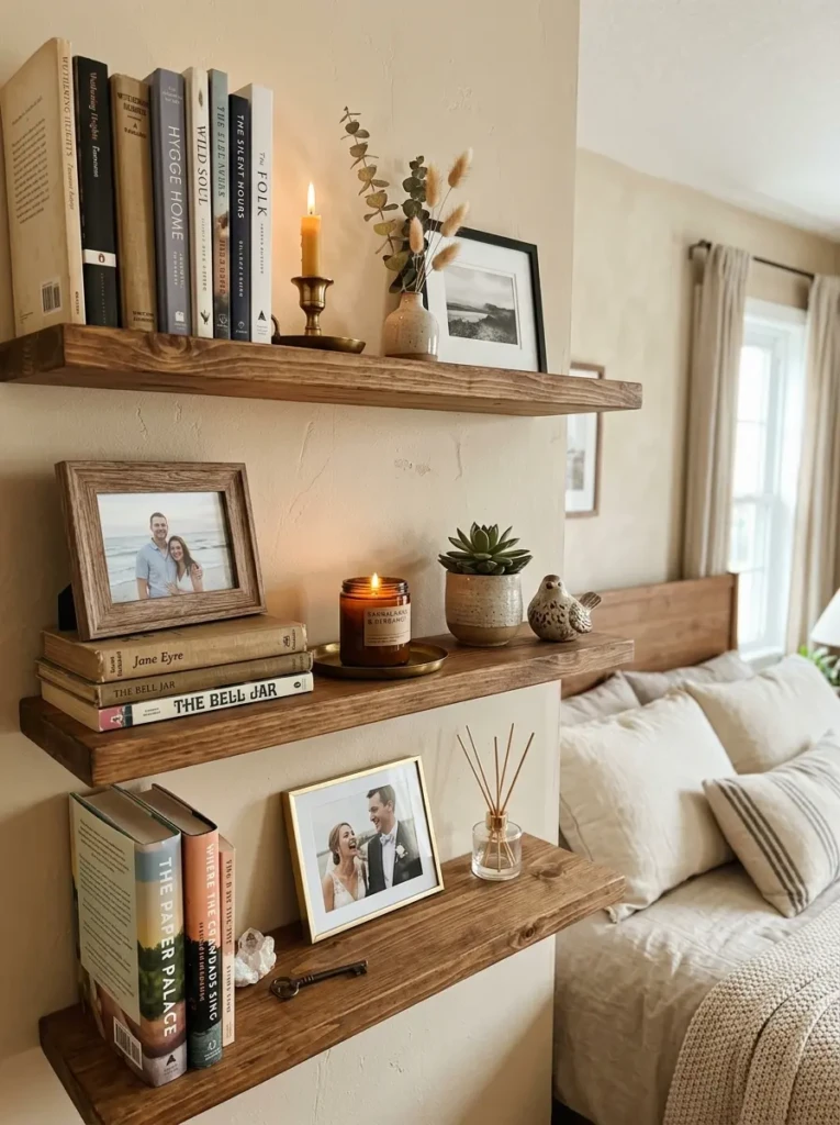 Floating shelves decorated with books, candles, and framed photos