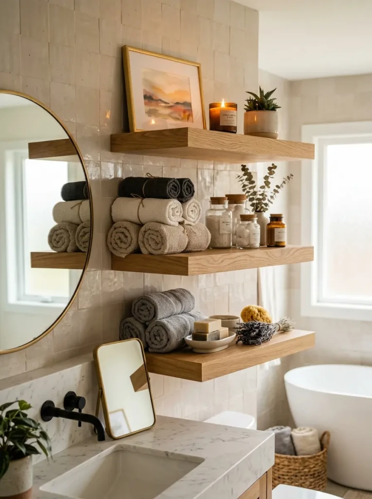 Wooden floating shelves displaying towels, candles, and decorative accessories.