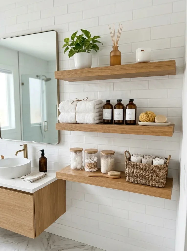 Floating shelves arranged with minimalist decor and organized essentials
