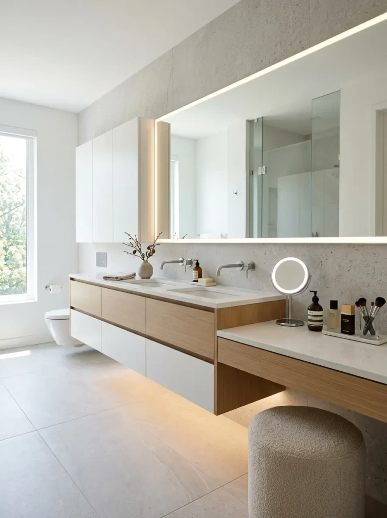 Modern floating bathroom vanity with integrated makeup station, frameless mirror, and bright minimalist design.