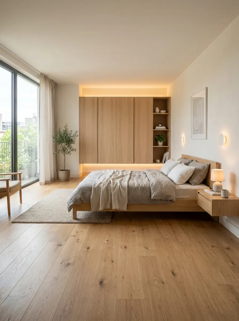 Elegant floating wardrobe creating a spacious and modern bedroom atmosphere.