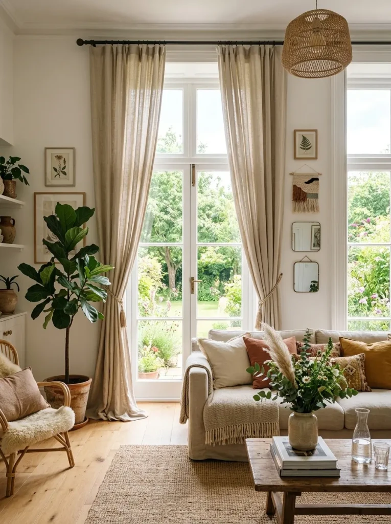 Floor-length linen curtains allowing natural sunlight into a cozy bedroom.