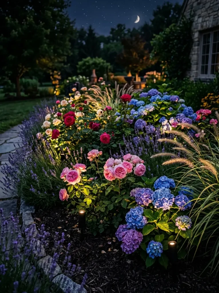 Colorful flower bed highlighted with solar spotlights, showcasing glowing blooms and dramatic garden textures.