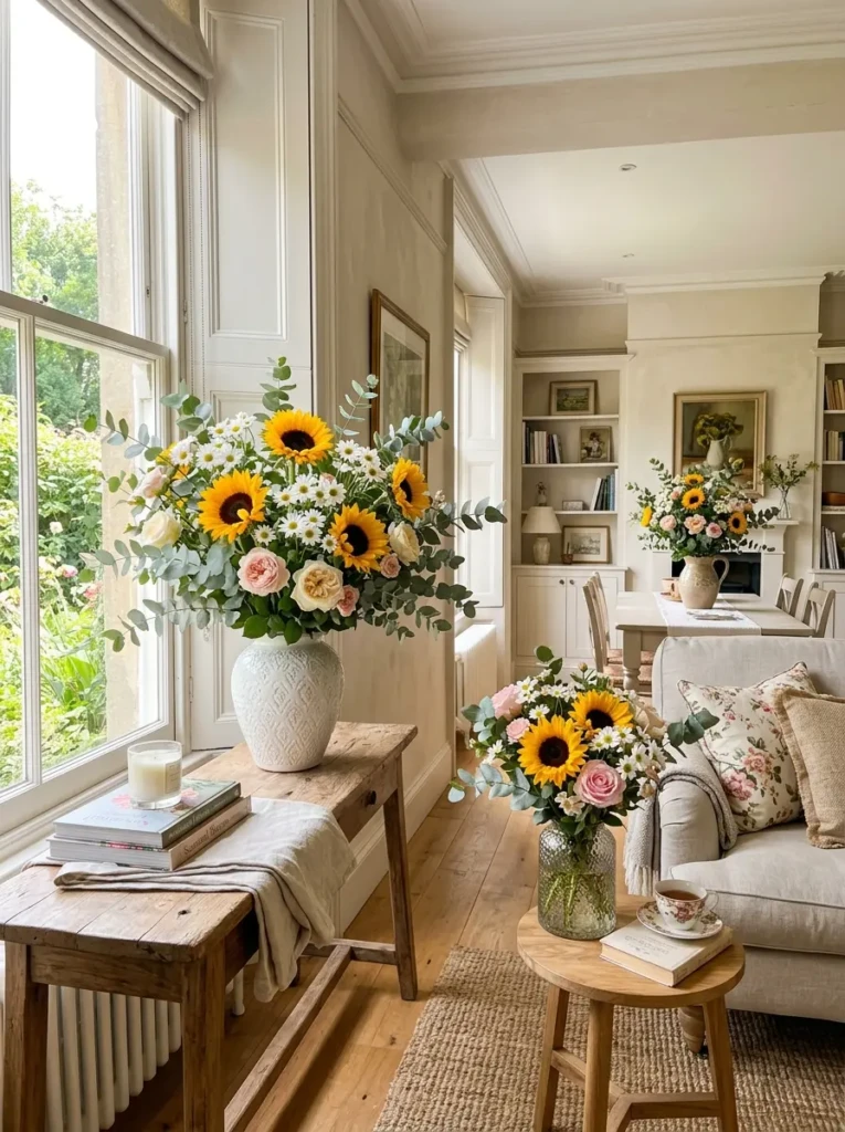 Bright summer flowers arranged throughout an elegant living room.