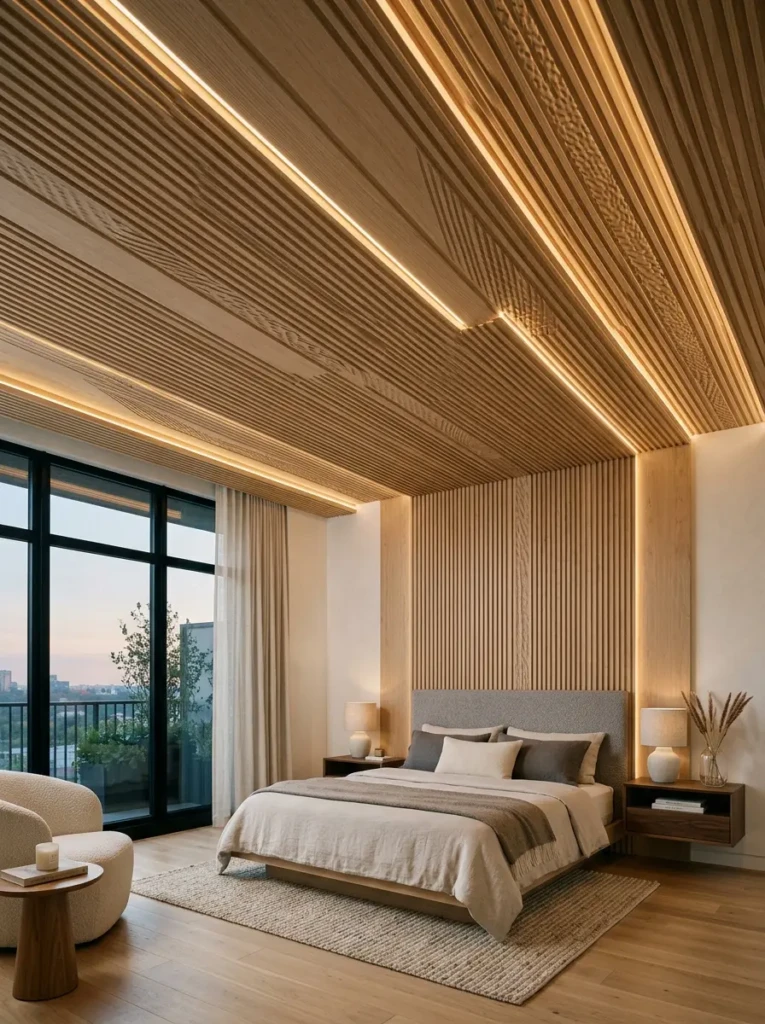 Contemporary bedroom featuring textured ceiling panels and minimalist décor.