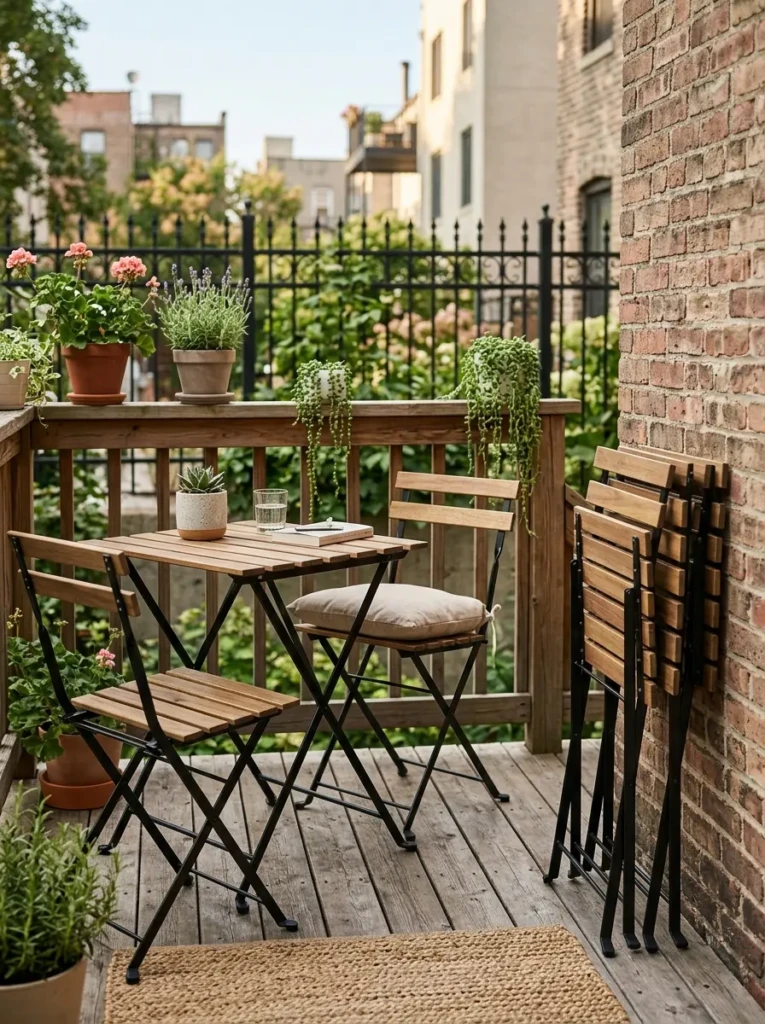 Foldable patio table and chairs designed for space-saving functionality.