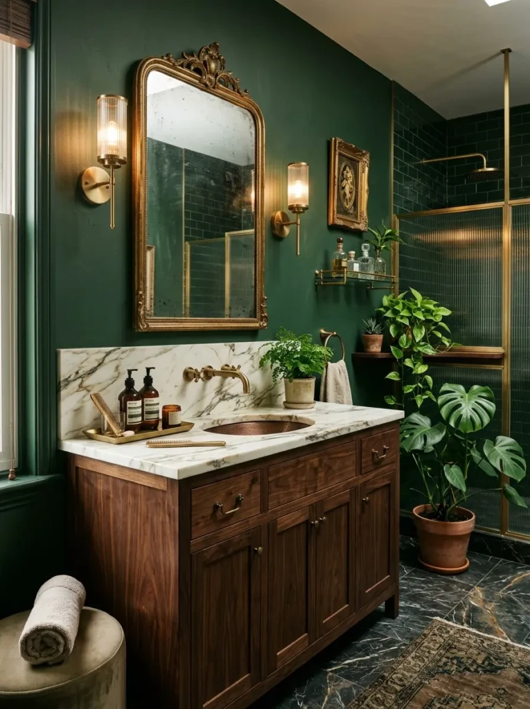 Rich forest green bathroom with brass accents, wooden vanity, and marble countertop.
