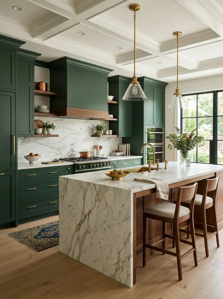 Forest green kitchen cabinetry paired with marble countertops, brass fixtures, and warm wood details.