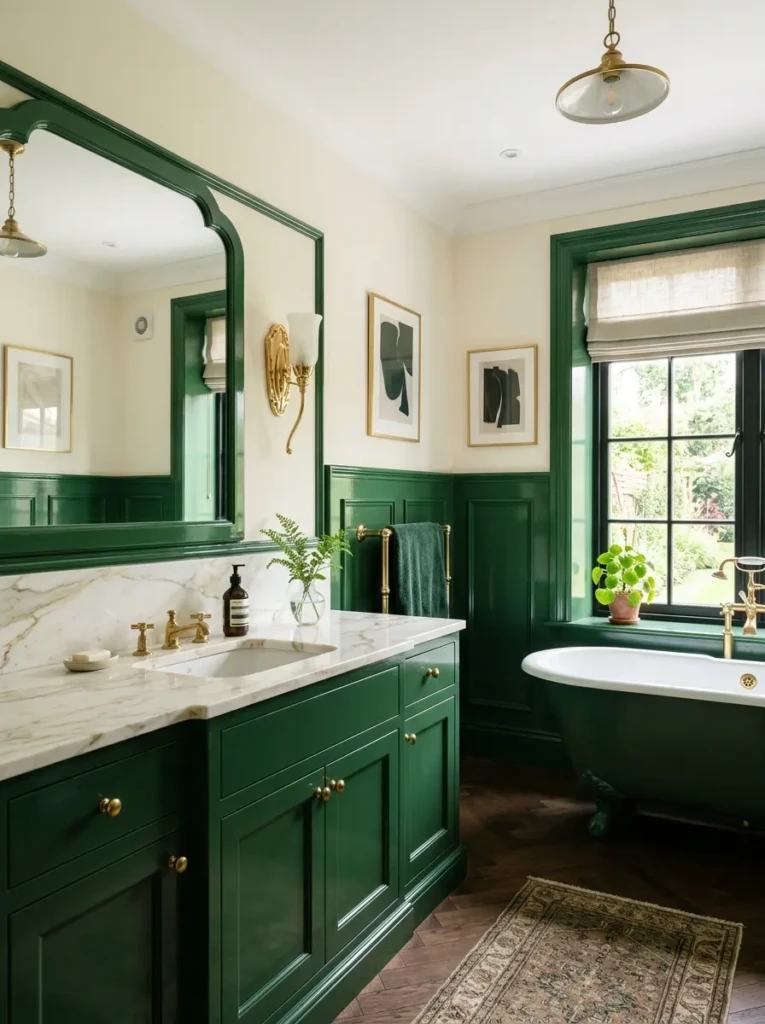 Stylish bathroom with glossy forest green trim and coordinated cabinetry.