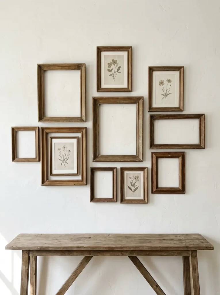 Printable artwork and thrifted frames creating a stylish wall display.
