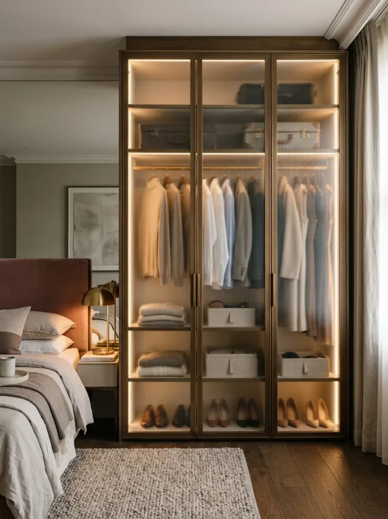 Elegant frosted glass wardrobe with warm lighting and stylish modern bedroom decor.