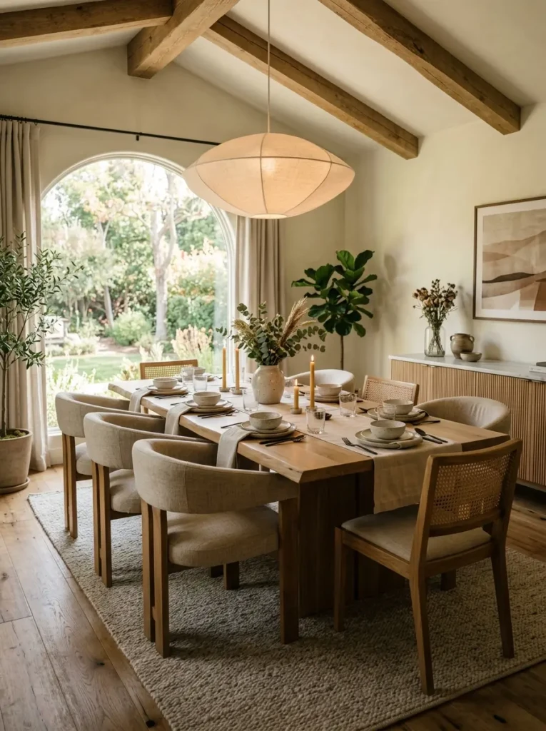 Family enjoying a meal together in a warm and inviting dining room.