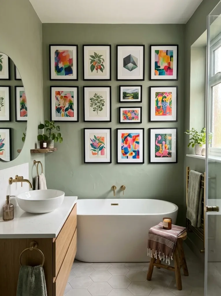Curated gallery wall adding personality to a bathroom